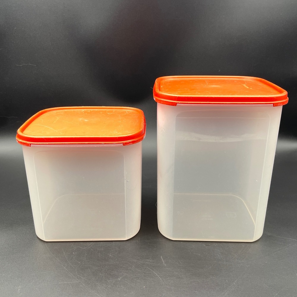 Vintage Tupperware Modular Mates Square Canisters 3 & 4 Set of 2 Red Lids